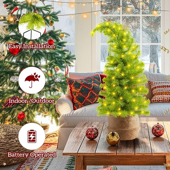 2 Pack Whimsical Christmas Urn Filler, 30 Inch Battery Operated Lighted Xmas Whimsical Christmas Tree, Tripod Stake and 60 LED Lights, Holiday Porch Decorations for Porch, Yard, Garden, Flower Beds