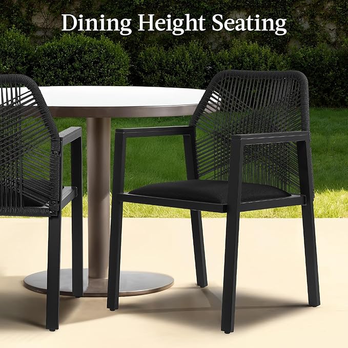 Best Choice Products Outdoor Dining Arm Chair Set of 2, Aluminum Frame with Armrest, All-Weather Woven Rope Chair Design - Black/Obsidian