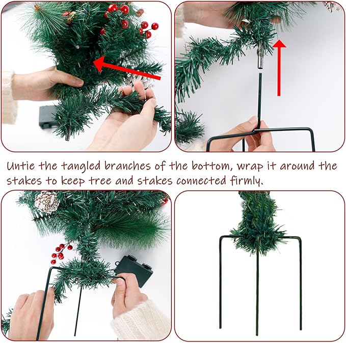 Juegoal 2 Pack 30 Inch Pre-Lit Pathway Christmas Trees, Upgrade Artificial Xmas Urn Filler with 60 LED Lights, Red Berries and Pine Cones Ornaments, Battery Operated Holiday Décor for Driveway, Yard