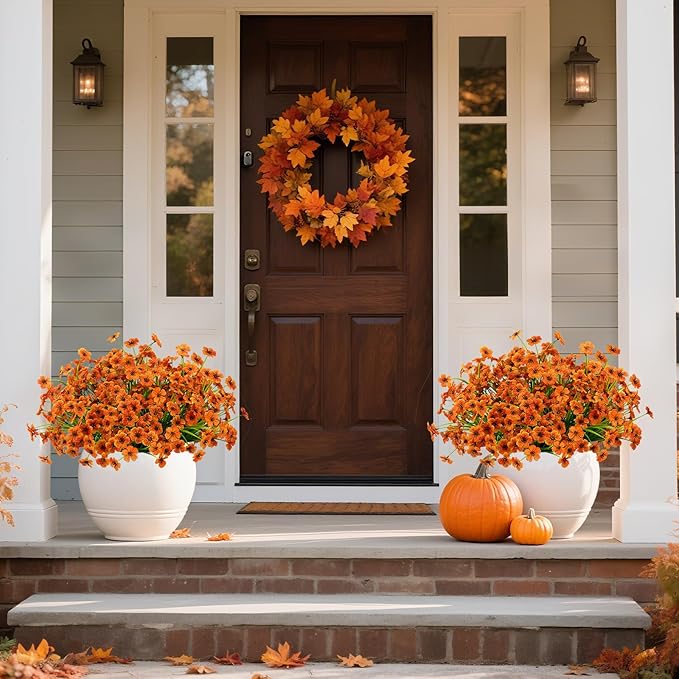 Artificial Mums Fall Fake Flowers for Outdoors, 12 Bundles Faux Mums for Outdoor Planters Autumn Decorations,UV Resistant Silk Flowers for Front Porch Garden Patio Home Decor(Orange)