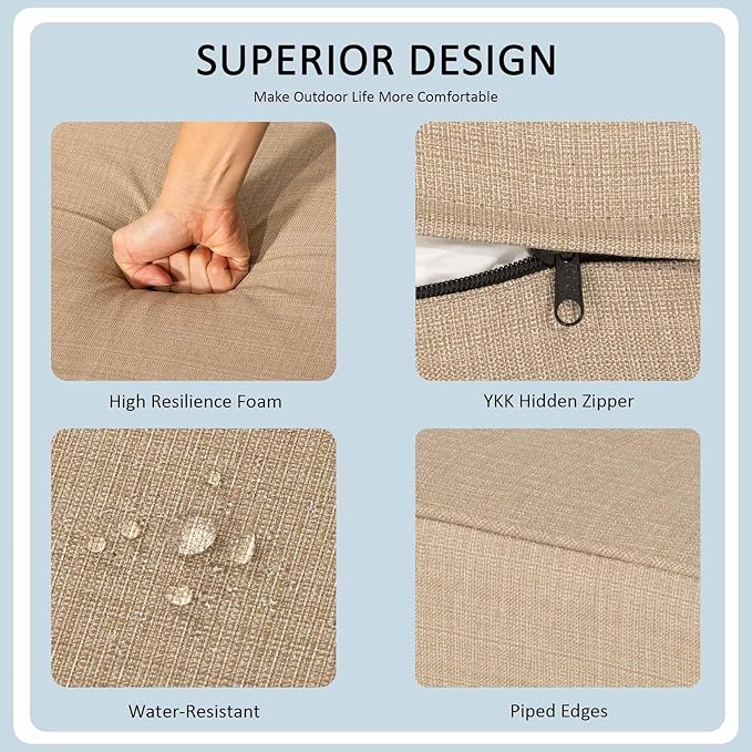 24x24 Inch Outdoor Deep Seat Cushions Set of 2,Thick High-Density Foam, Piped Edges & YKK Hidden Zipper,Water-Resistant UV-Resistant Polyester for Patio Furniture,Toffee