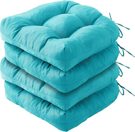 Outdoor Chair Cushions Set of 4, Patio Chair Cushions with Ties, 19x19+5” Tufted Outdoor Seat Cushions, Waterproof Patio Furniture Cushions, Outdoor Dining Chair Pads, Teal