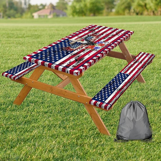 Picnic Table Cover with Bench Covers Elastic Edges, American Flag Eagle Fitted Table Cover, Camping Outdoor Patio Essentials 96 Inch 3PCS Fitted Tablecloth with Drawstring Bag