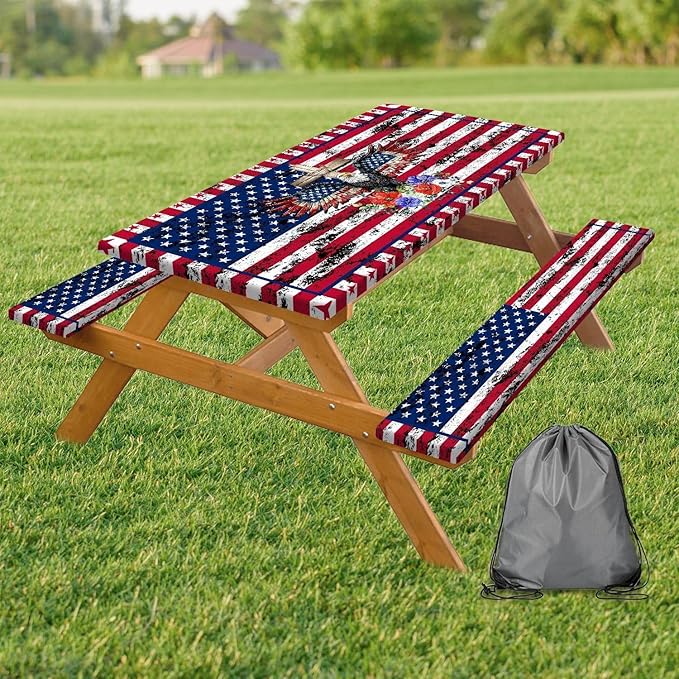 Picnic Table Cover with Bench Covers Elastic Edges, American Flag Eagle Fitted Table Cover, Camping Outdoor Patio Essentials 72 Inch 3PCS Fitted Tablecloth with Drawstring Bag