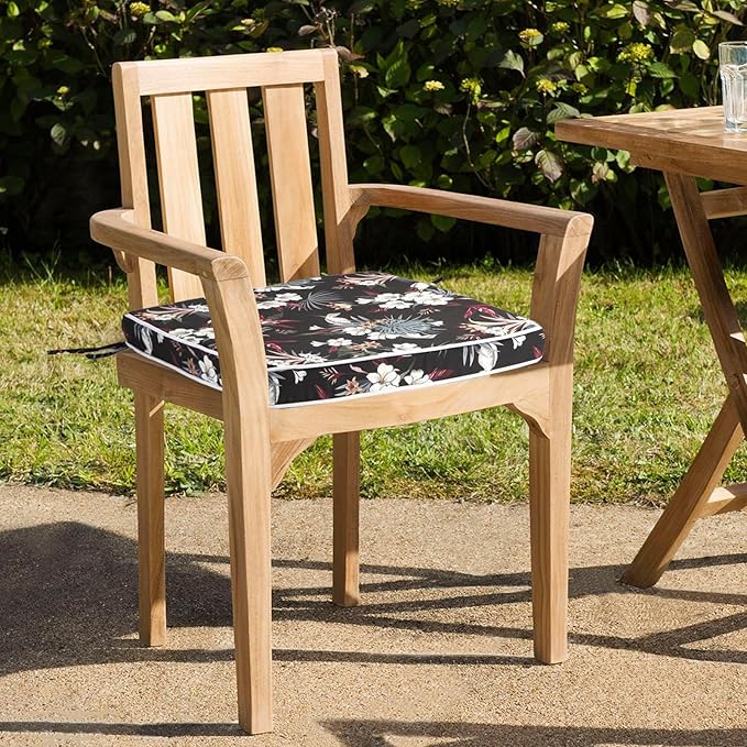 GUEGLSA Patio Seat Cushions 18 inch,Waterproof Square Chair Pad with Ties,18''x18'' Indoor Outdoor Chair Cushion for Garden Furniture,Set of 2,White Flower