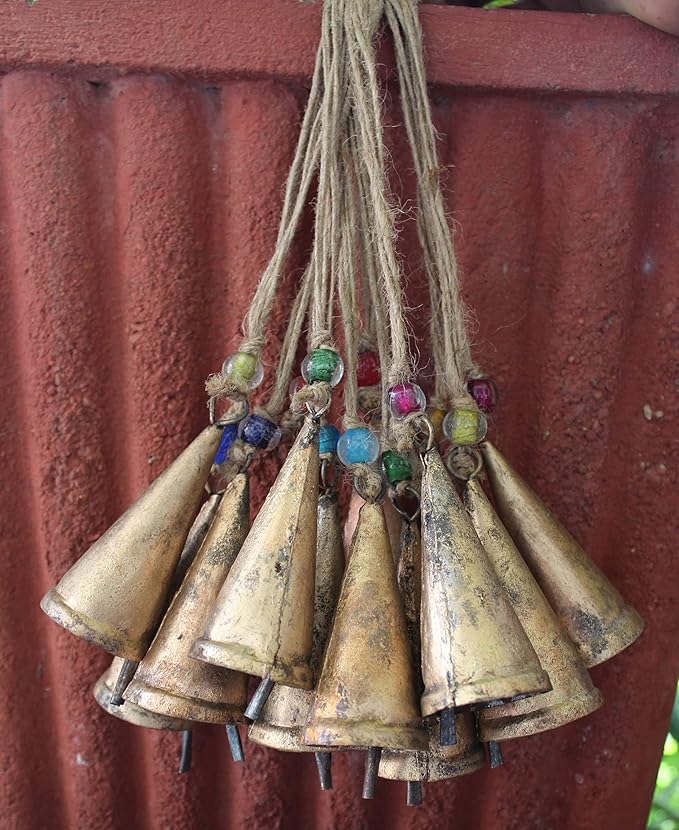 Rustic Iron Tin Cone Bells with Beads, 12 Pc Mini Wind Chime Bells for Crafts, Decor, Garden, Wedding, Festival, DIY Projects – Handmade Hanging Vintage Bells with Jute String – Small Bells That Ring