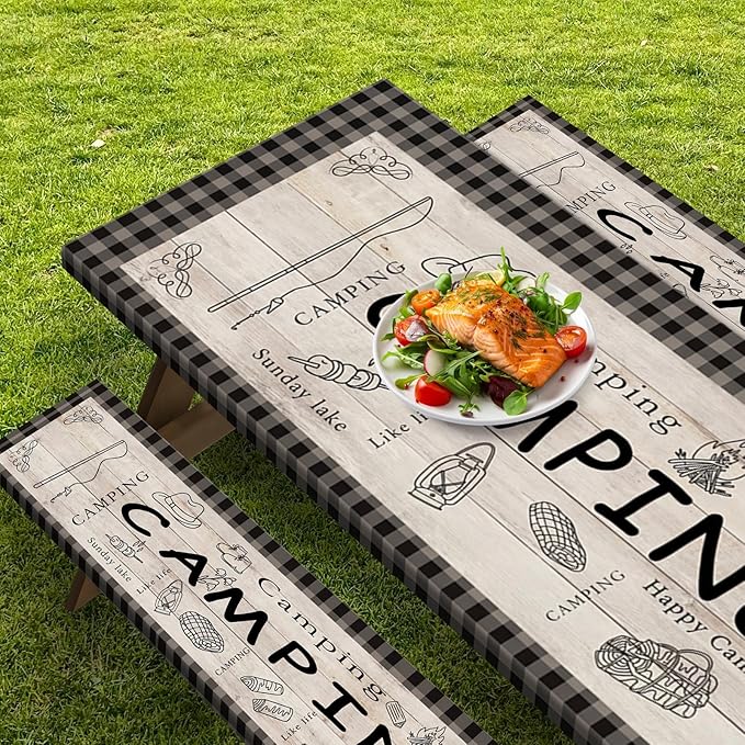 Picnic Table Cover with Bench Covers Elastic Edges, Blue Camper Fitted Table Cover, Outdoor Patio Camping Essentials 72 Inch 3PCS, Waterproof Camping Fitted Tablecloth with Drawstring Bag