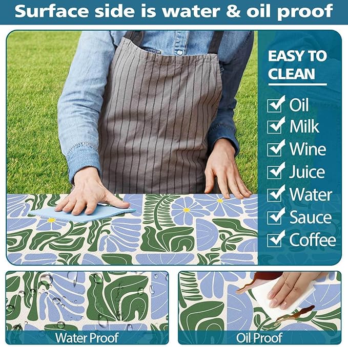 Picnic Table Covers with Bench Covers Boho Patchwork Blue Green Flower Pattern Camping Tablecloth Fitted Picnic Table Cover with Elastic Windproof Waterproof, Camping Accessories Outdoor, 72In 3PCS