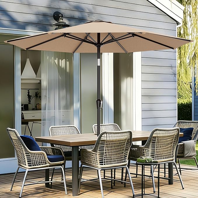 AreShark 9 FT Patio Umbrella for Outdoor, Outdoor Umbrella with Push Button Tilt and Crank, Outdoor Patio Umbrellas with 8 Sturdy Ribs for Market, Garden, Deck, Backyard, Pool (Beige)