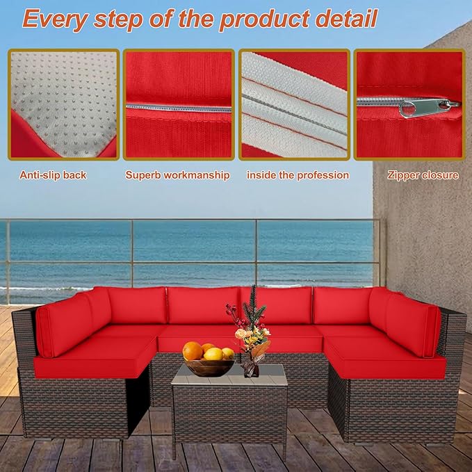 14 Piece Outdoor Patio Cushion Cover Replacement, Waterproof Patio Cushion Covers, Outdoor Furniture Cushion Covers Set for 6 Seat Wicker Rattan Sofa (Red)