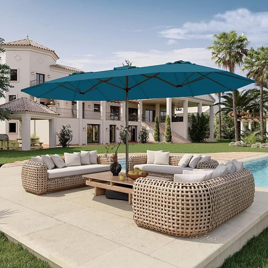 15FT Double Sided Patio Umbrella with Base Included Large Outdoor Market Umbrella with Crank Handle, UV Resistant Canopy, Sturdy Frame for Garden, Poolside, Deck, Lake Blue