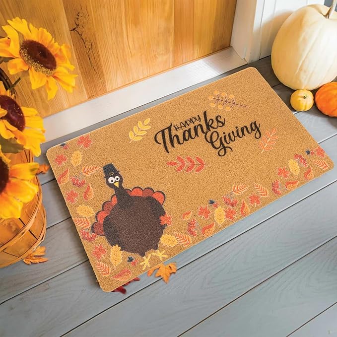 Thanksgiving Doormat Turkey Maple-Leaf for Front Door Indoor Outdoor Entrance Porch, Faux-Coir Non-Slip Dirt-Trapping Fall Decor Door Mat 17"x30"