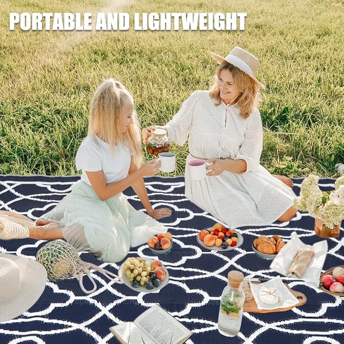 Pendolr 5’x8’ Outdoor Rug Waterproof Carpet Patio Outdoor Plastic Straw Rug Camping Rug Reversible Outside Outdoor Area Rug for Balcony Deck Backyard RV Picnic Beach Navy&White 01#