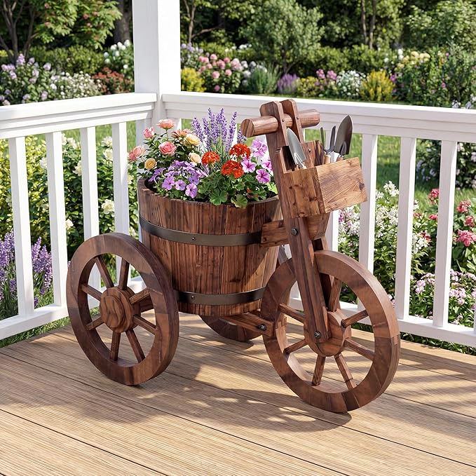 Giantex Wooden Wagon Planter with Wheels, Rustic Wood Plant Stand with Drainage Hole for Flowers Herbs Vegetables, Indoor Outdoor Decorative Garden Flower Cart for Patio Backyard Balcony (2)