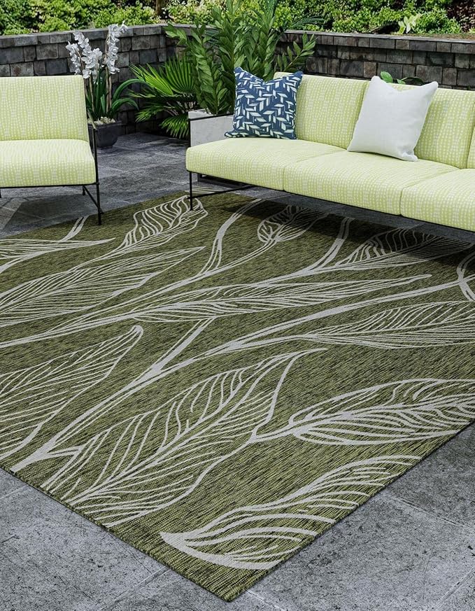 Unique Loom Outdoor Botanical Collection Area Rug - Leaf (7' 10" Square Green/Ivory)