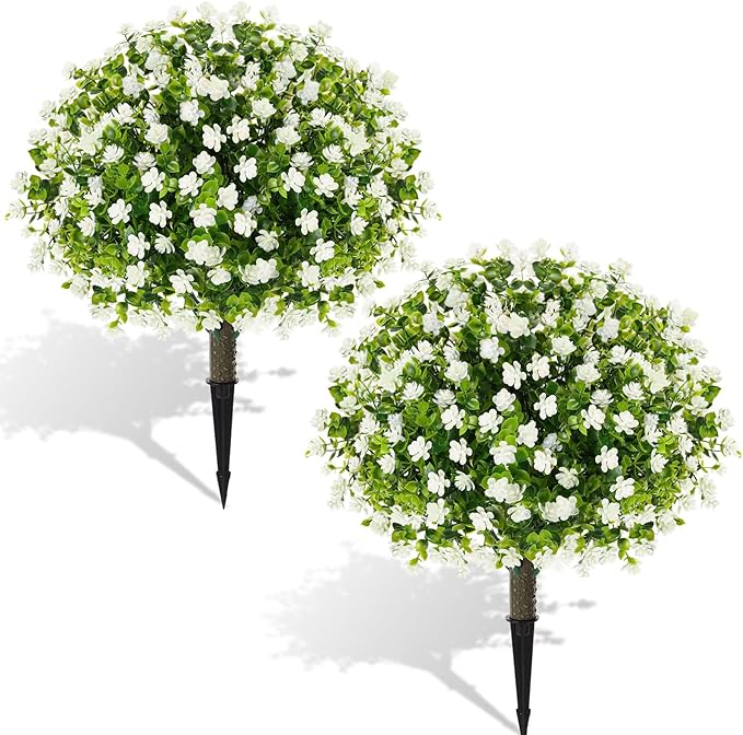 Yunlly 2 Pcs Outdoor Artificial Topiary Ball Trees 22" with Colorful Flowers, Boxwood Fake Bushes Shrubs with Spike, UV Resistant Evergreen Plants for Front Porch Garden Decor (White)