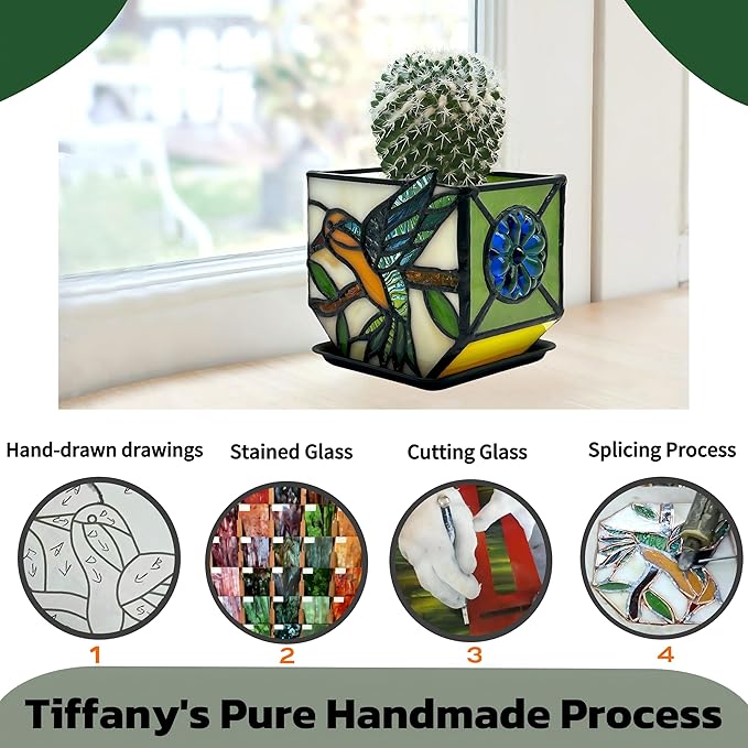 Handcrafted Stained Glass Hummingbird Planter, Indoor Decorative Flower Pot with Drainage, Planters for Indoor Plants,Garden Home Decor