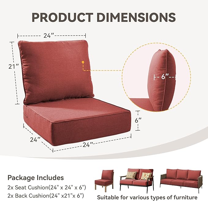Outdoor Cushion Set for Furniture Patio Furniture, UV Resistant, Water Resistant - 6 Inch Thick Foam Garden Cushions– 24x24 Inch Patio Seat Covers for Chair/Sofa/Couch | Red | 2-Pack |