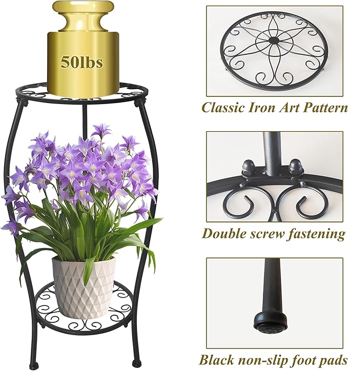 Metal Plant Stand 2 Tier Indoor Outdoor, Tall Flower Pot Shelf Rustproof Stable Corner Stand, 25.2 inch Multiple Plant Display Rack for Living Room Patio Balcony Garden