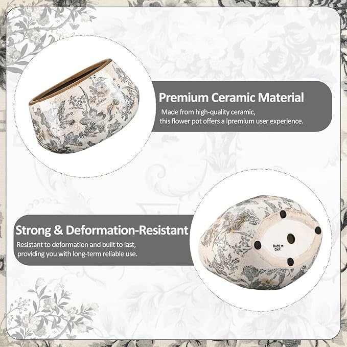 9.8 Inch Large Vintage Ceramic Planter Ice Crack Glaze Gray Floral Flower Pot with Drainage Holes Rustic Country Plant Pots Decorative Gifts for Home Kitchen Office Indoor Outdoor Plants