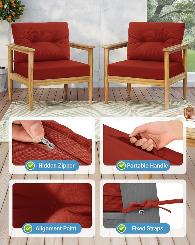 YEFU 24x24 Outdoor Cushions for Patio Furniture: Waterproof Fade Resistant Outdoor Seat Cushions Set of 2 - Olefin Deep Seat Paio Cushion Pads Replacement with Ties for Chair Sofa Couch(Burnt Orange)