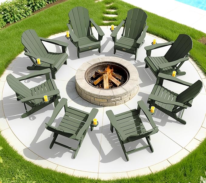 SERWALL Folding Adirondack Chair for Patio Garden, All-Weather Outdoors Chairs, Wooden Textured Fire Pit Chairs for Poolside, Backyard, Lawn - Army