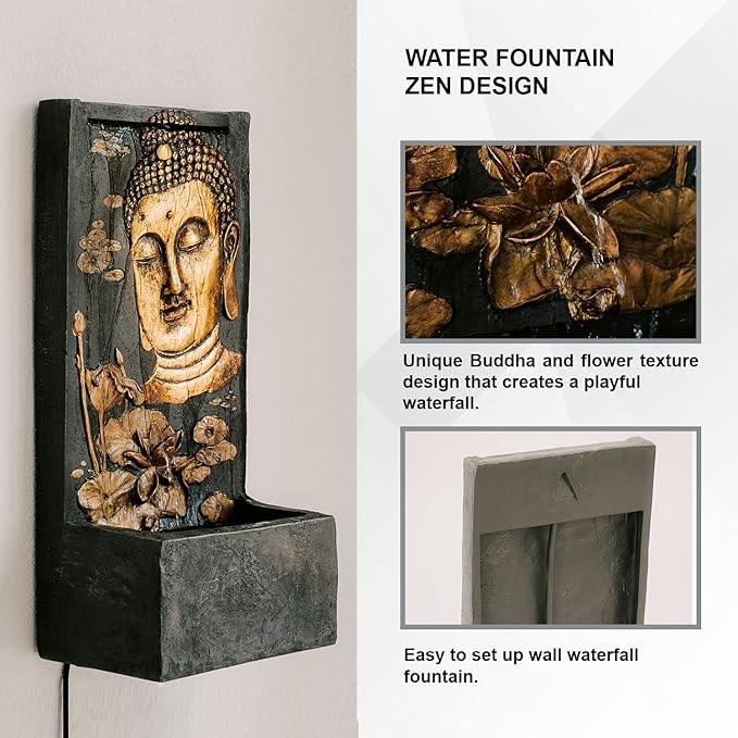 XBrand Polystone Indoor Outdoor Relaxing Zen Buddha Face Wall Water Fountain with Pump and Splash Guard, Wall-Mounted Fountains, Home Garden Patio Backyard Decor, Bronze and Natural Stone Finish