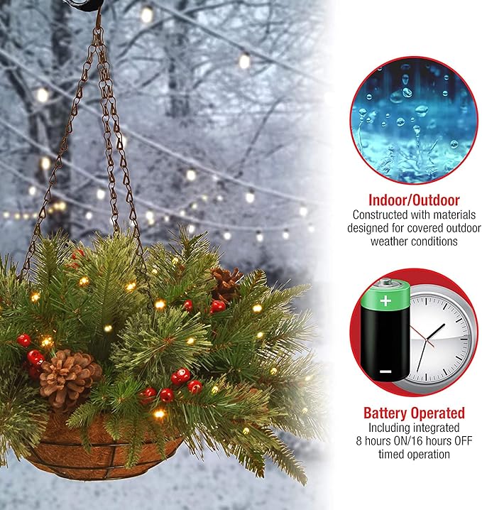 National Tree Company 20 in Pre-Lit Colonial Fir Artificial Christmas Hanging Basket, Christmas Decoration with Pinecones, Red Berries, 50 Clear LED Lights, 108 Tips, Timer, Green