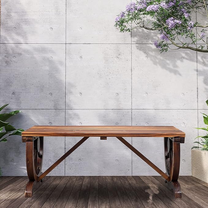 VINGLI Outdoor Rustic Wooden Bench with Wagon Wheel Legs, 2 People Outdoor Benches Garden Bench Front Porch Furniture Patio Lawn Yard Park, Indoor and Ourdoor Decor