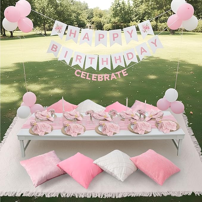 118 x 71" Extra Large Outdoor White Picnic Blankets with Pink Tulle Table Runner Cheesecloth Napkins Plush Throw Pillow Covers Oversize Beach Blanket Essentials for Wedding Picnic Camp(Classic,18)