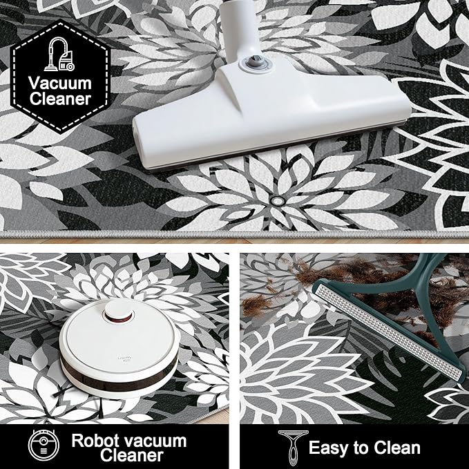 3x5 Washable Rug for Living Room Tropical Botanical Modern Floral Chenille Area Rugs Low Pile Non Slip Carpet for Patio, Bedroom, Laundry, Black