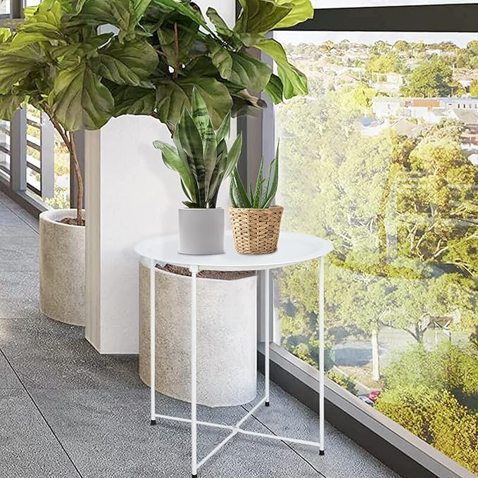Garden 4 you End Table Metal Side Table White Round Folding Tray Cyan Sofa Small Accent Fold-able Table, Round End Table Tray, Next to Sofa Table, Snack Table for Living Room and Bed Room