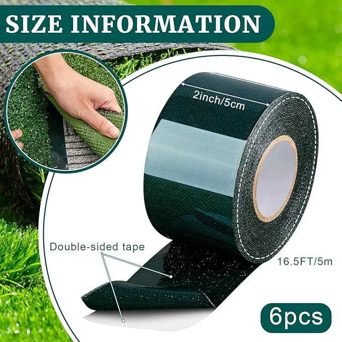 6 Rolls 2 in x 16.5 ft Double Sided Turf Tape Artificial Grass Tape Self Adhesive Grass Rug Tape Artificial Turf Tape for Lawn Garden Carpet Connecting Outdoor Carpet