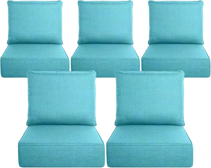 Belord Luxury 6" Thick Outdoor Cushion 5 Set - 24 x24 Inch 28D Sponge Filling Fade-Resistant Chair Cushion, Spill Proof Removable Patio Furniture Replacement Cushion for Sofa Bench Swing - Turquoise