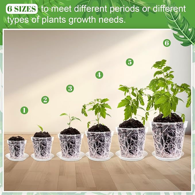 Vesici 24 Sets 4/5/6/7/8/9 Inch Clear Nursery Pots with Saucer Pack Variety Plastic Clear Plant Pots with Tray Drainage Hole for Indoor Plants Flowers Garden