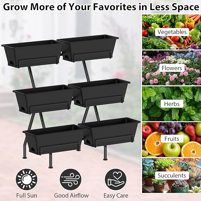 Sunexinlo 3-Tier Vertical Garden Planter with 6 Boxes, 31" Tall Raised Garden Bed with Adjustable Feet for Herbs, Flowers, Vegetables, Ideal for Indoor, Outdoor, Patio, Balcony, Deck Use, Black
