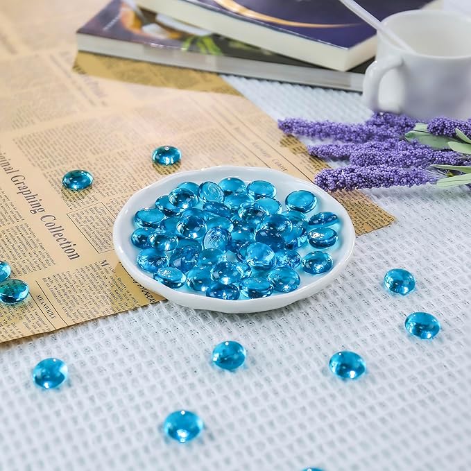 CYS EXCEL Light Blue Glass Gemstone Beads Vase Fillers (6 LBS) Flat Marble Beads Multiple Color Choices Aquarium Decor Rocks Floral Stones Decorative Mosaic Glass Gem Pebbles