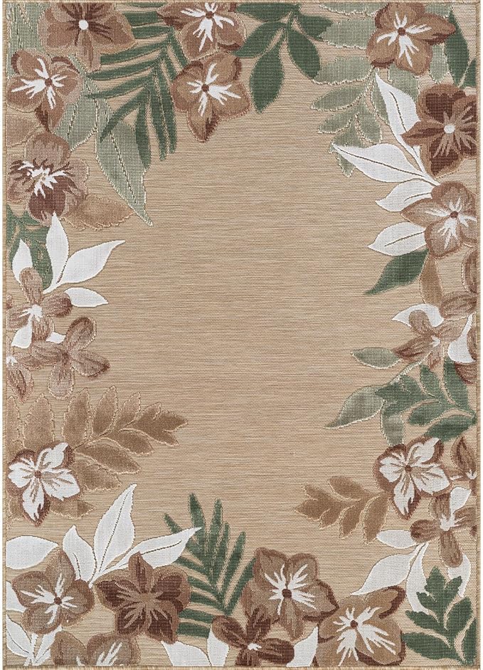 Outdoor Rug 6x9 Washable Area Rugs Indoor Outdoor Carpets Beige Border Floral Non Shedding Waterproof Easy Clean Patio Deck Porch Living Room Bedroom Garden RV (6 X 9 Beige)