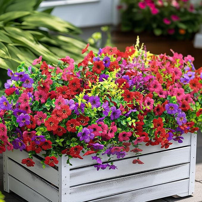 SHareconn 36 Bundles Artificial Flowers for Outdoors Decoration, Faux Plants Fake Silk Colorful Daisy Eucalyptus Lavender, UV Resistant for Outside Home Porch Patio Indoor Spring Decor, Mix 3 Colors