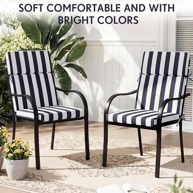 4 Pack Outdoor High Back Chair Cushion, 44 x 20 inches Patio Chair Cushions Waterproof Rocking Cushions Indoor Furniture Seat Pad, Weather Resistant (Stripe,Navy Blue)