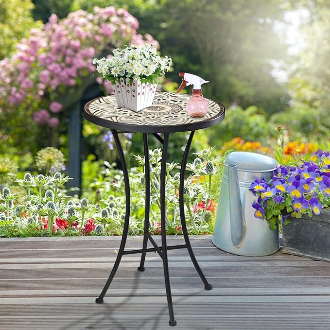 Vipush Mosaic Outdoor Side Table, 14" Round Folding Plant Stand for Patio Garden Backyard Balcony Porch Indoor Accent End Table for Living Room, Ceramic Tabletop with Black Iron, Melard