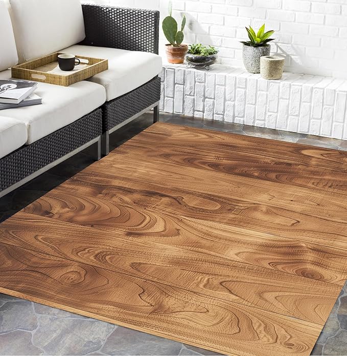 Washable Natural Wood Grain Outdoor Rug 2x6 Brown Rustic Wooden Board Outdoor Area Rug for Balcony Backyard Patio Porch Durable Easy Clean Outside Carpet Waterproof Non Slip Farmhouse Floor Rugs