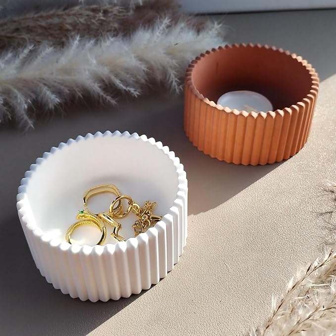 Wehous 2PCS Round Candle Holder Molds, Striped Storage Box Jar Plant Pot Silicone Molds for Epoxy Resin Concrete Cement Plaster, Container Trinket Tray Jewelry Holder Craft Mould DIY Home Ornament