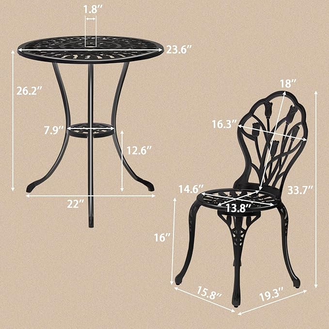 Outvita Patio Table and Chairs Set, Cast Aluminum Outdoor Cafe Table and Chairs Set of 3, Stability Patio Bistro Sets with Umbrella Hole for Garden, Patio, Balcony, Tulip Pattern Black