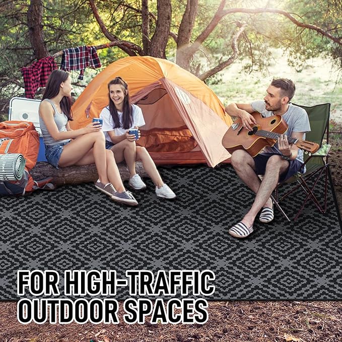 Outdoor Camping Rug Waterproof 5x8FT, Reversible Stain & UV Resistant Plastic Straw RV Rug for Outside Patio Porch Pool Deck Beach Indoor, Area Carpet Mat with Portable Bag&4 Stakes-Black Grey Rhombus