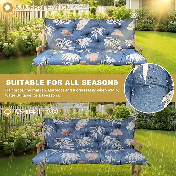 60" Porch Swing Cushion with Backrest, Waterproof Outdoor Bench Swing Cushions 3 Seater Replacement Thickened Swing Cushions with Ties for Patio Garden Backyard,Tropical Leaf,60x40in
