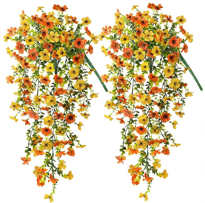 Artificial Hanging Flowers Plants for Outdoor Spring Summer Decoration,2PCS Faux Silk Daisy UV Resistant Look Real for Outside Home Indoor Planter Porch Garden Yard Decor(Yellow Orange)