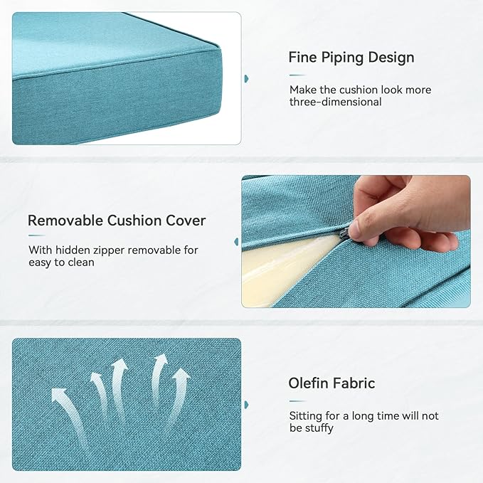 Luxury 6" Outdoor Cushions for Patio Furniture, 24x24x6" Thick Seat Cushion Set of 6, Fade Resistant Couch Chair Replacement Cushions High Density Deep Wicker Chair Cushion w/ Removable Cover, Teal