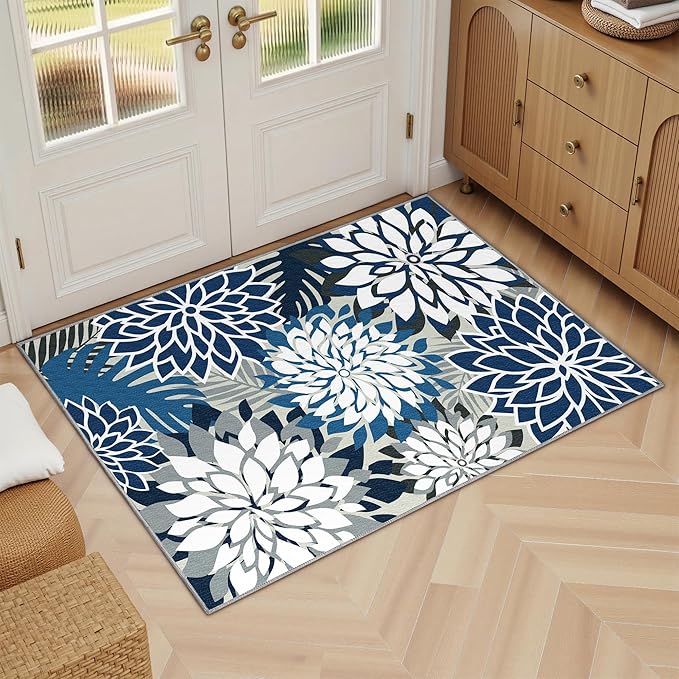 2x3 Washable Small Rug Tropical Botanical Modern Floral Indoor Chenille Door Mat Carpet Non Slip for Patio, Entry Way, Entrance, Porch, Blue