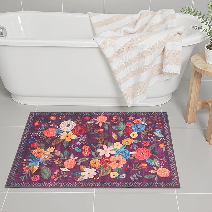Area Rugs 24x17 Inch Home Decor Entry Rug, Small Door Mat Bath Mats for Bathroom, Ultra-Thin Non Slip Floral Low Pile Tub Mat for Sink Shower Doorway Tub Kitchen Sink(2 x 1.4 ft, Purple Lawn)